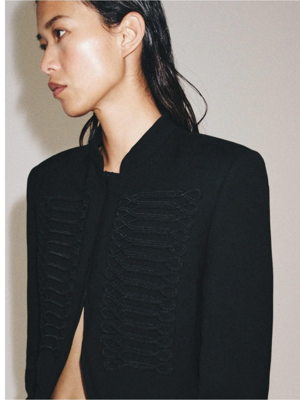 Zara ZW Collection Frog Clasp Blazer in black, featuring a high stand-up collar